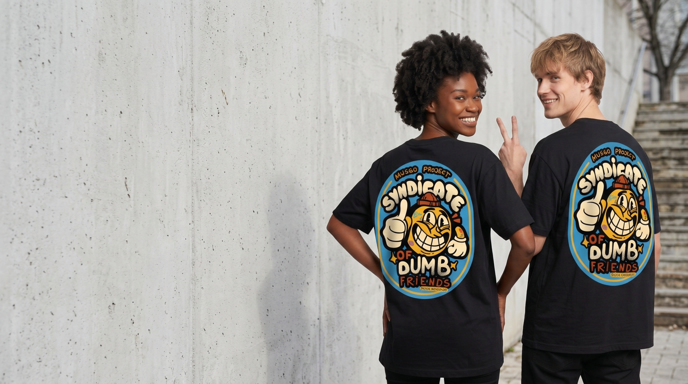 Modelos vestindo a camiseta Musgo Syndicate of Dumb Friends
